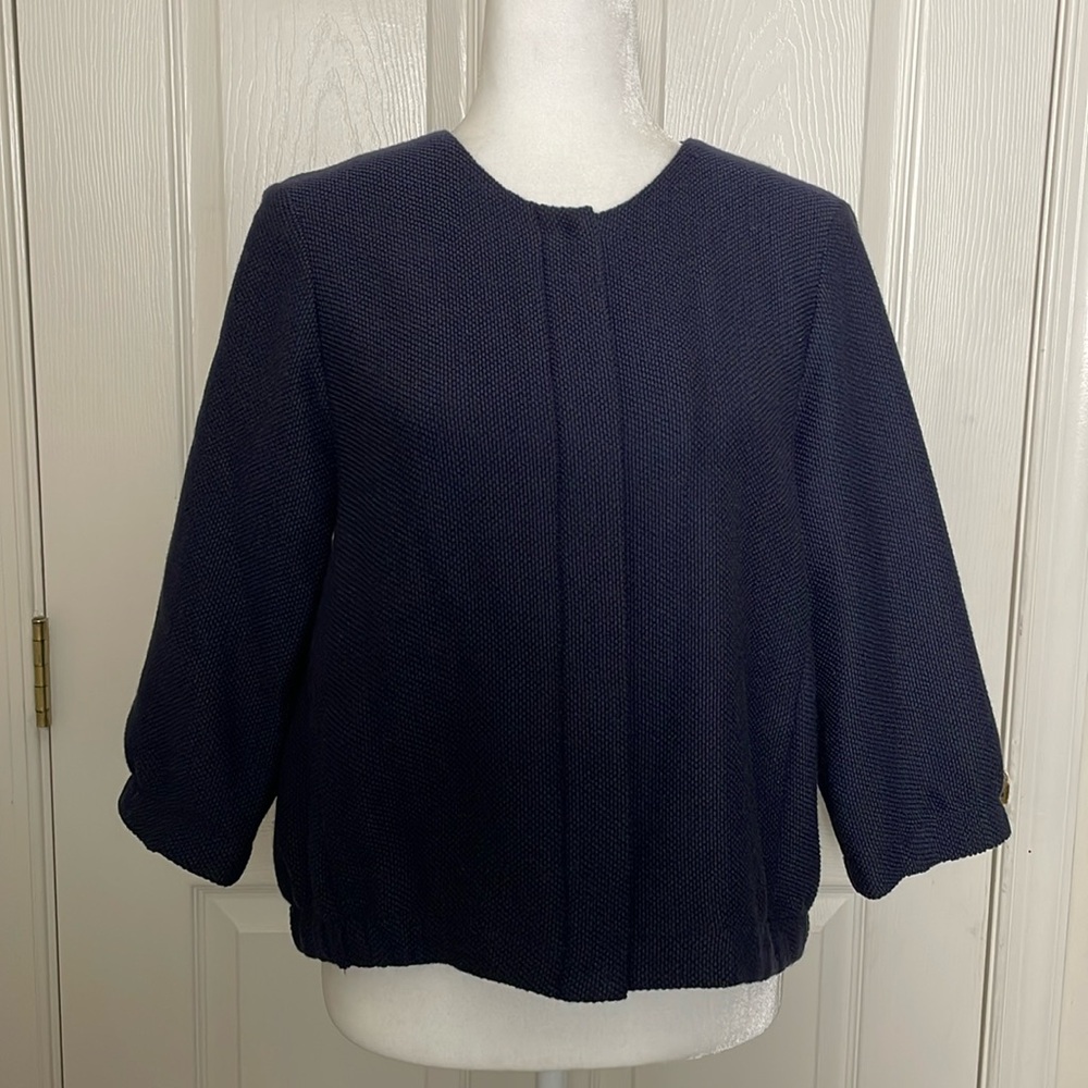 Eileen Fisher: Navy Waffle Weave Jacket with snap closure